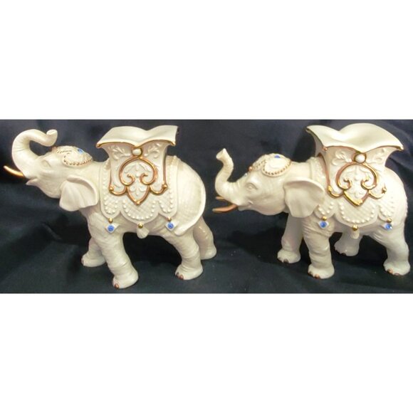 Lenox JEWELED ELEPHANTS 2 taper candle holders candlesticks cream porcelain 5"hi - Picture 3 of 16